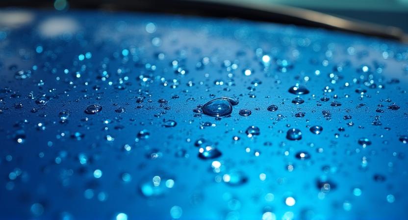 Close up of water beading on a protected car bonnet
